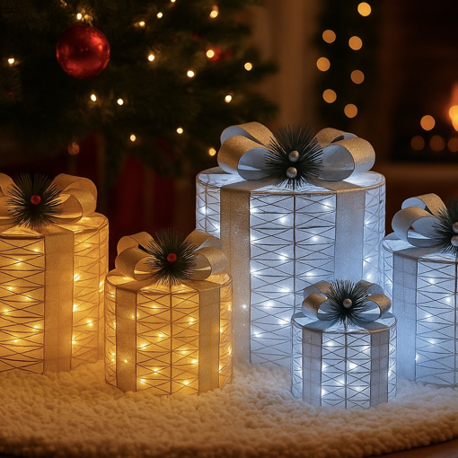 Obrázok z Vonkajšie LED oválne svietiace darčeky - sada 3 ks XL/L/M, 120 LED, IP44 - vianočné dekorácie pod stromček